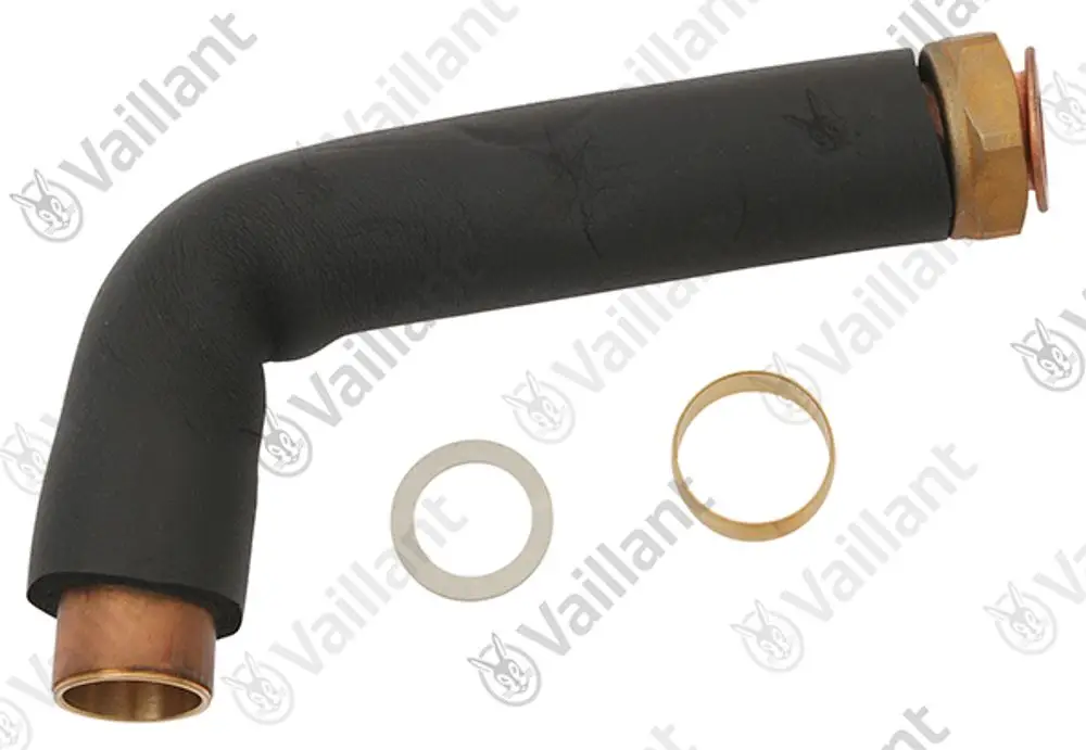 Vaillant-Rohr mit gebogener Form, schwarz isoliert, mit Kupfer- und Messingverbindungsteilen, umgeben von zwei Dichtungen.